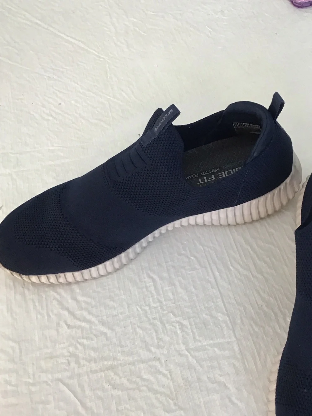 Skechers Men's Slip-On Knit Sneakers in Navy and White. ##